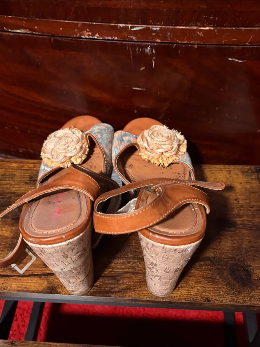 Pink & Pepper Tan Cork Wedge Sandals with Blue Pattern and Floral Accent